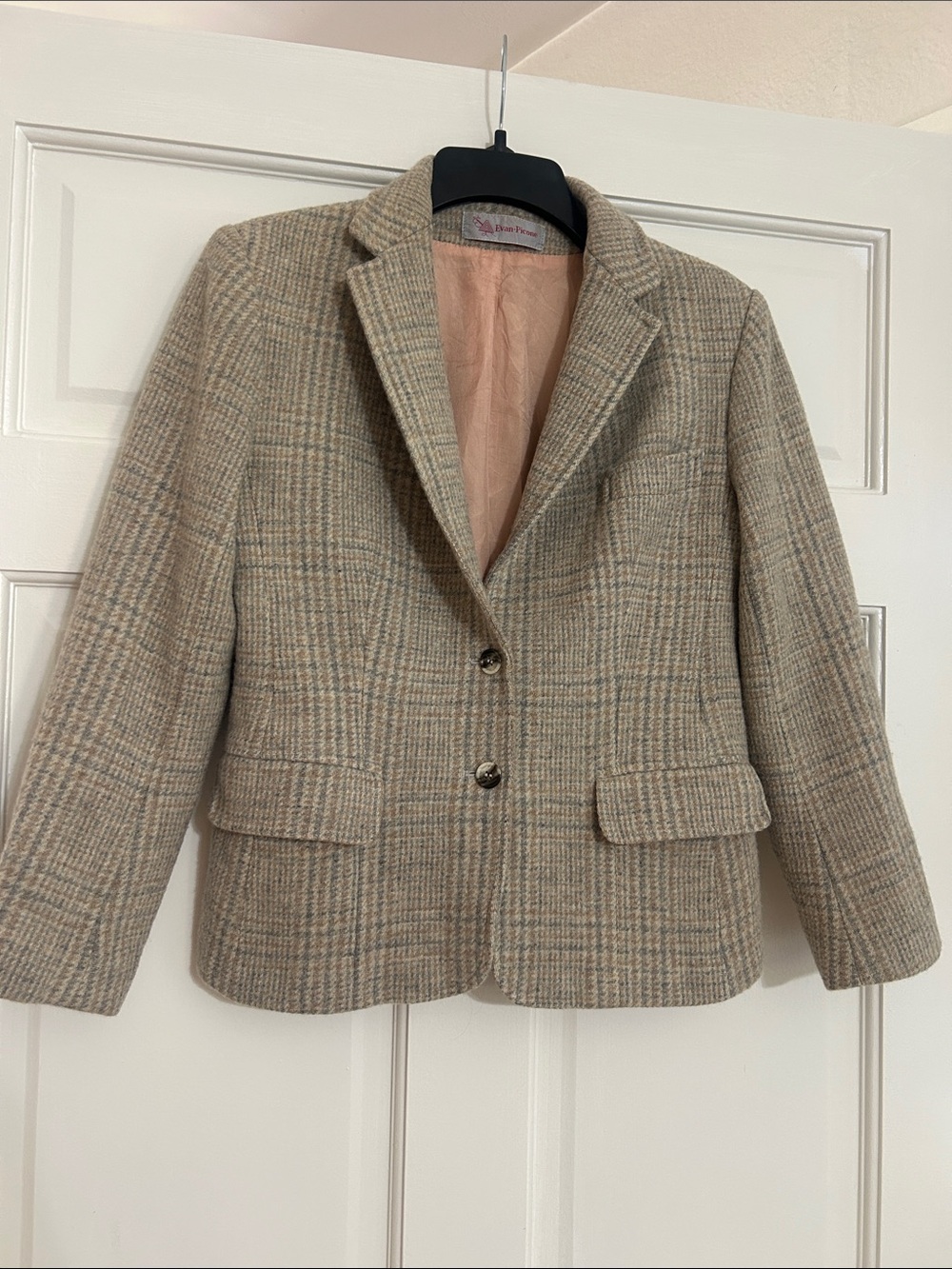 Evan Picone Beige Plaid Wool-Blend Tailored Blazer